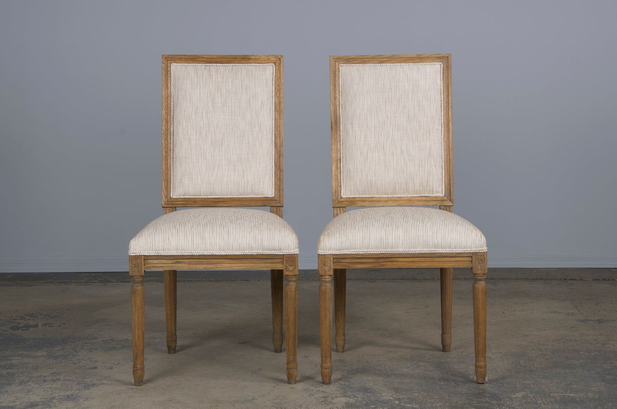 French Louis XVI Style Square Back Oak Dining Chairs W/ Striped White and Beige Chenille - Set of 6