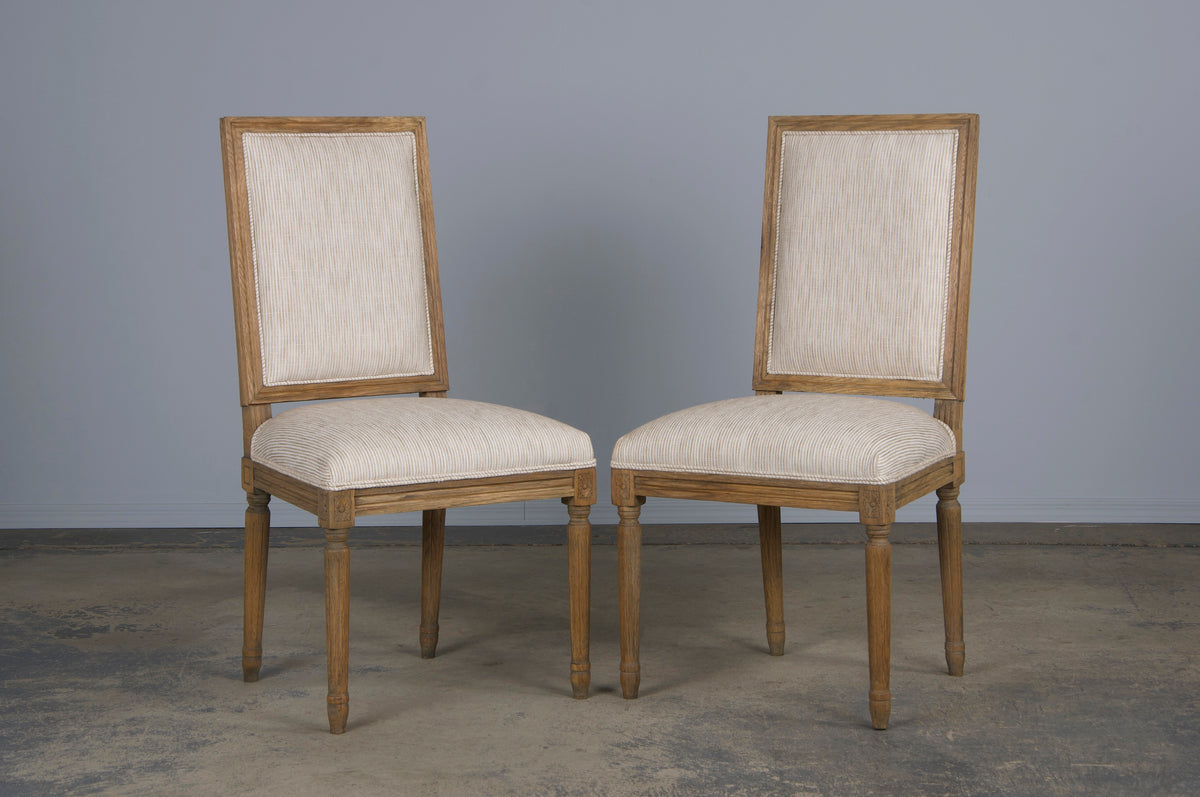 French Louis XVI Style Square Back Oak Dining Chairs W/ Striped White and Beige Chenille - Set of 6