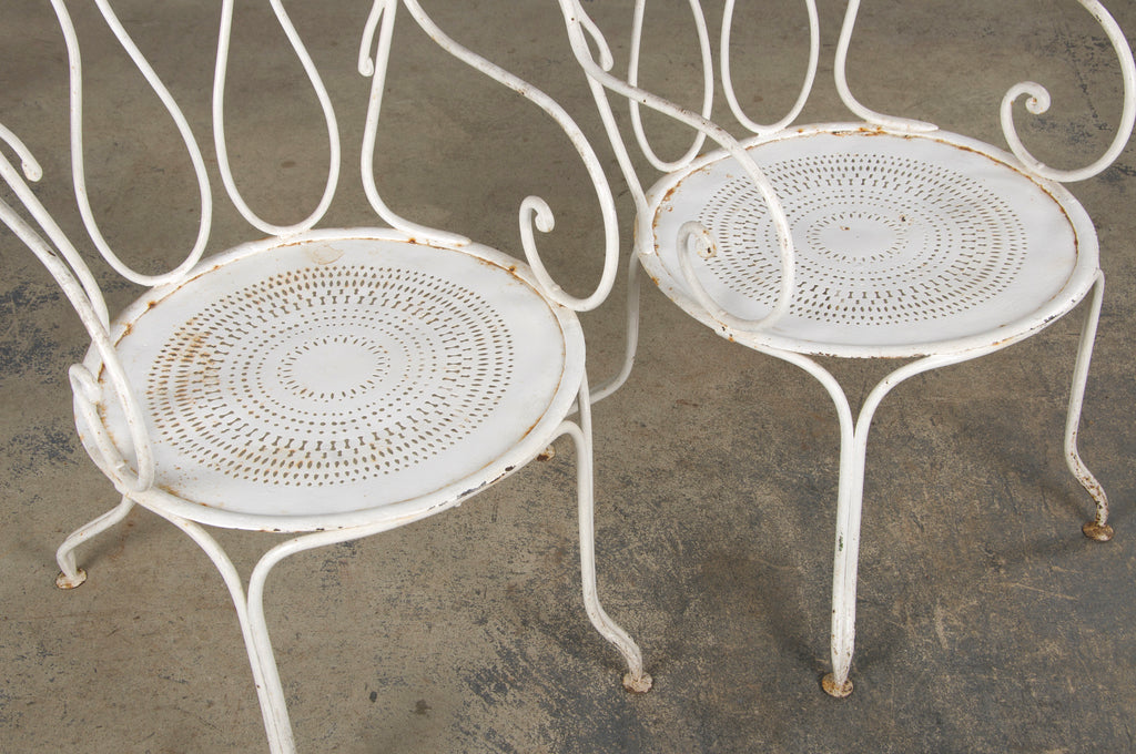 Antique French Art Nouveau White Wrought Iron Painted Garden Set