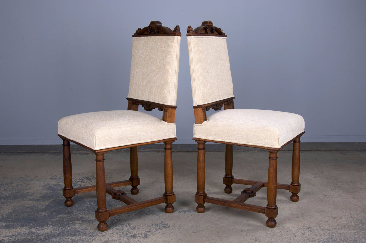 Antique French Napoleon III Style Walnut Dining Chairs W/ Custard Chenille - Set of 10