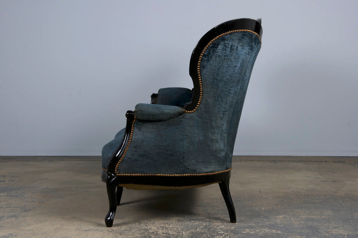 19th Century Napoleon III Ebonized Settee W/ Blue Velvet