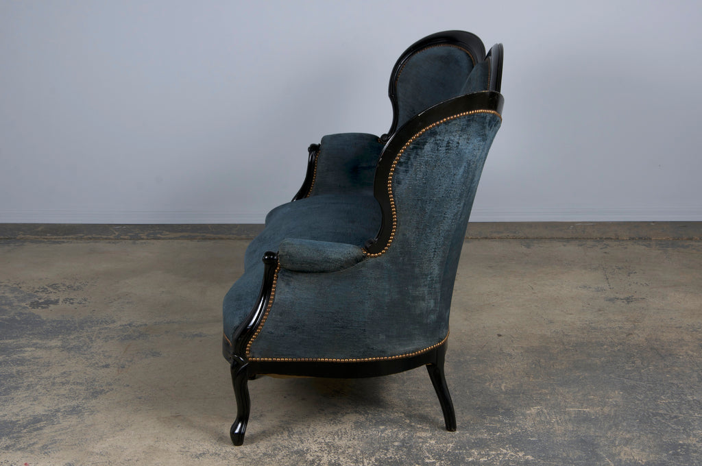 19th Century Napoleon III Ebonized Settee W/ Blue Velvet