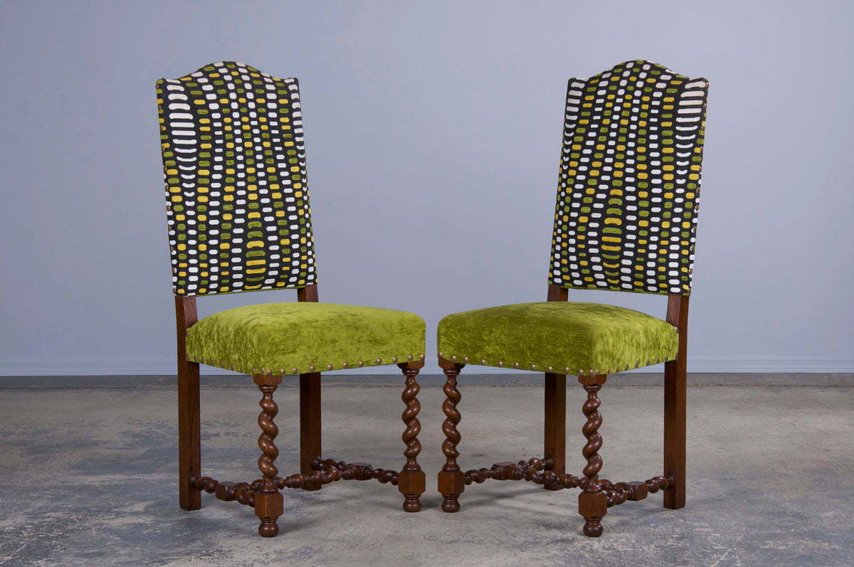 Antique French Louis XIII Style Oak Barley Twist Dining Chairs W/ Green Fabric - Set of 6