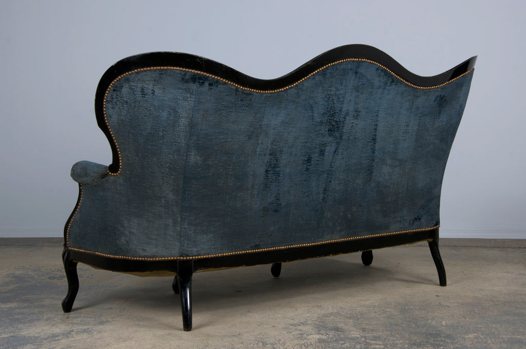 19th Century Napoleon III Ebonized Settee W/ Blue Velvet