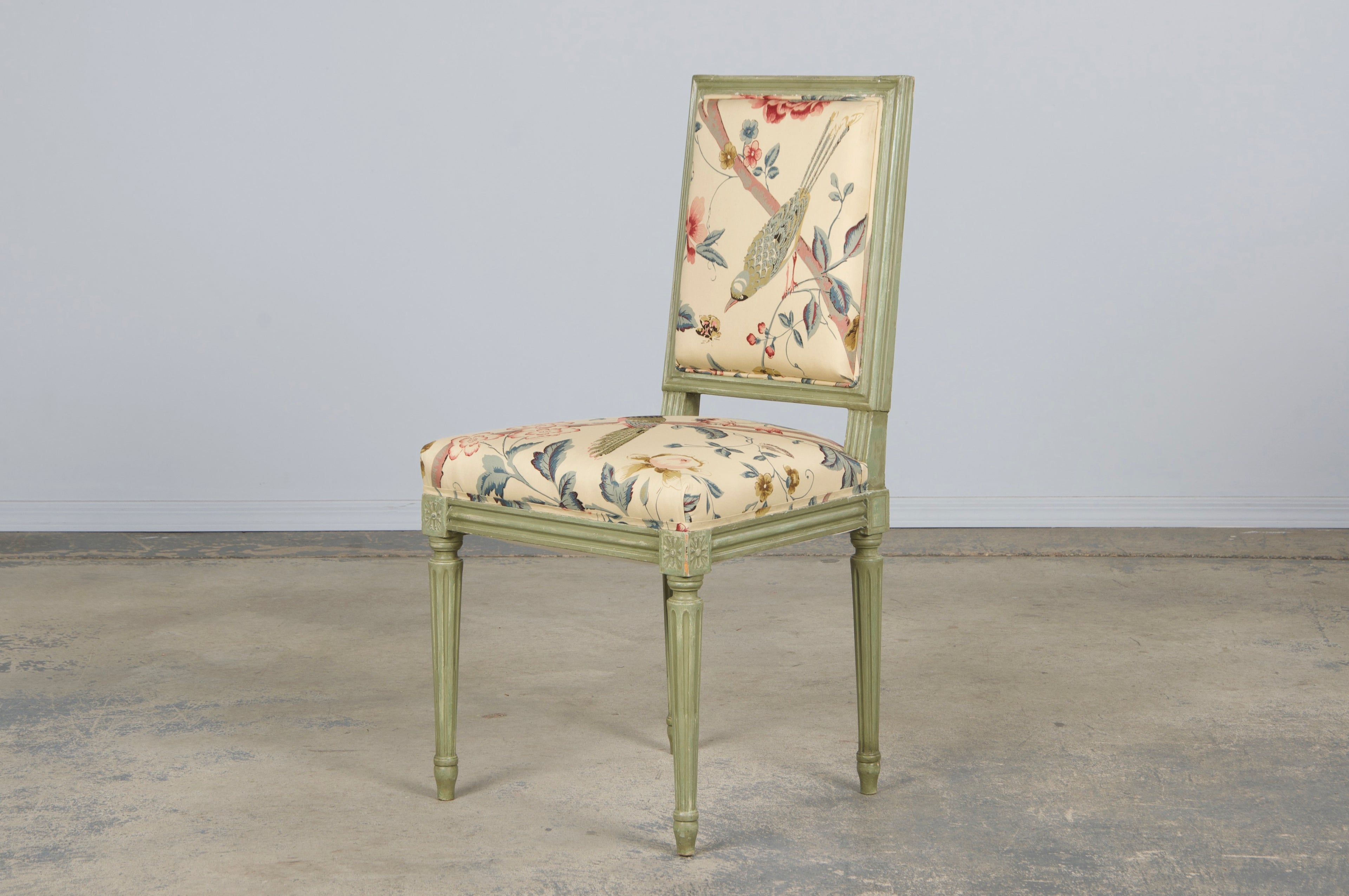 Antique French Louis XVI Style Painted Square Back Side Chairs in Chinoiserie Fabric - A Pair