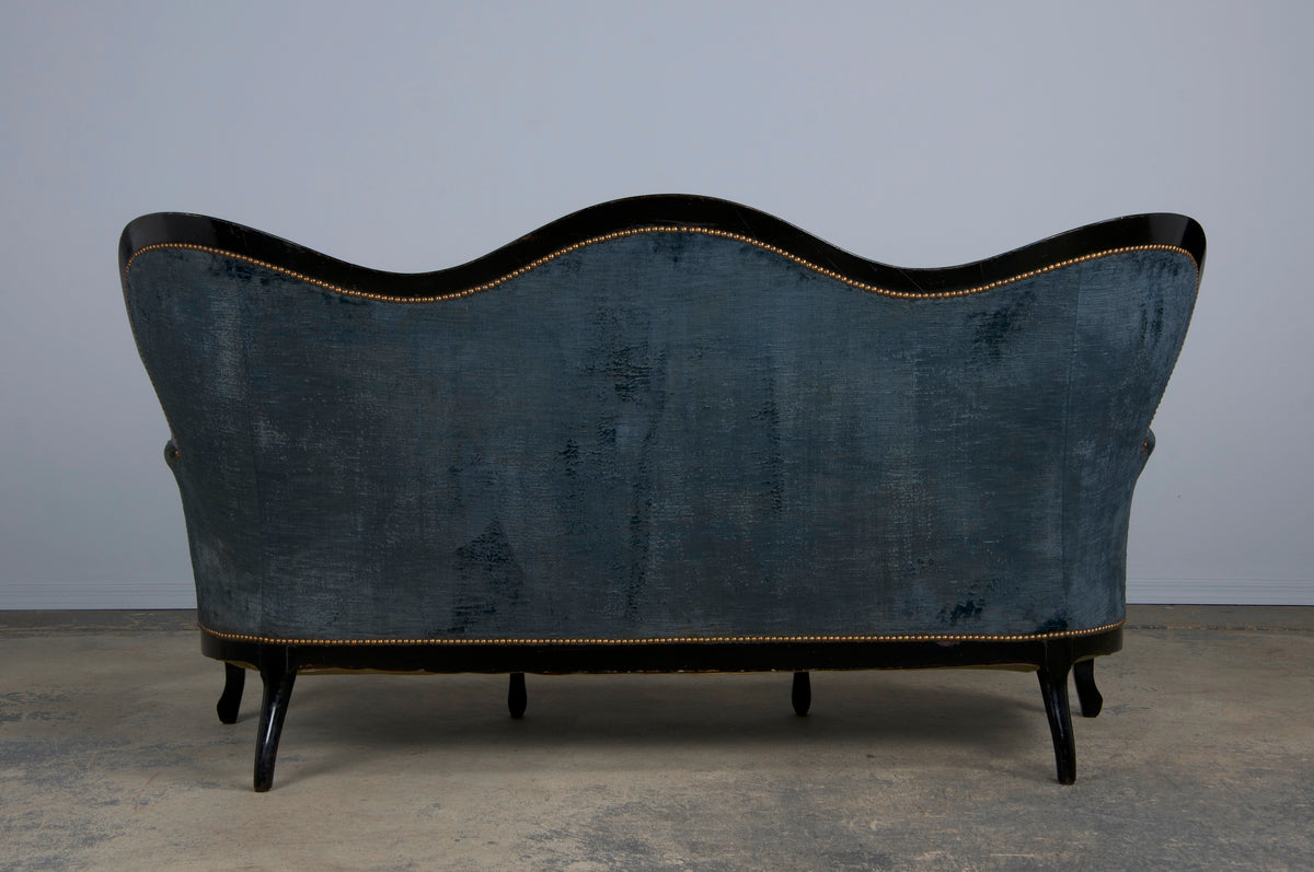 19th Century Napoleon III Ebonized Settee W/ Blue Velvet