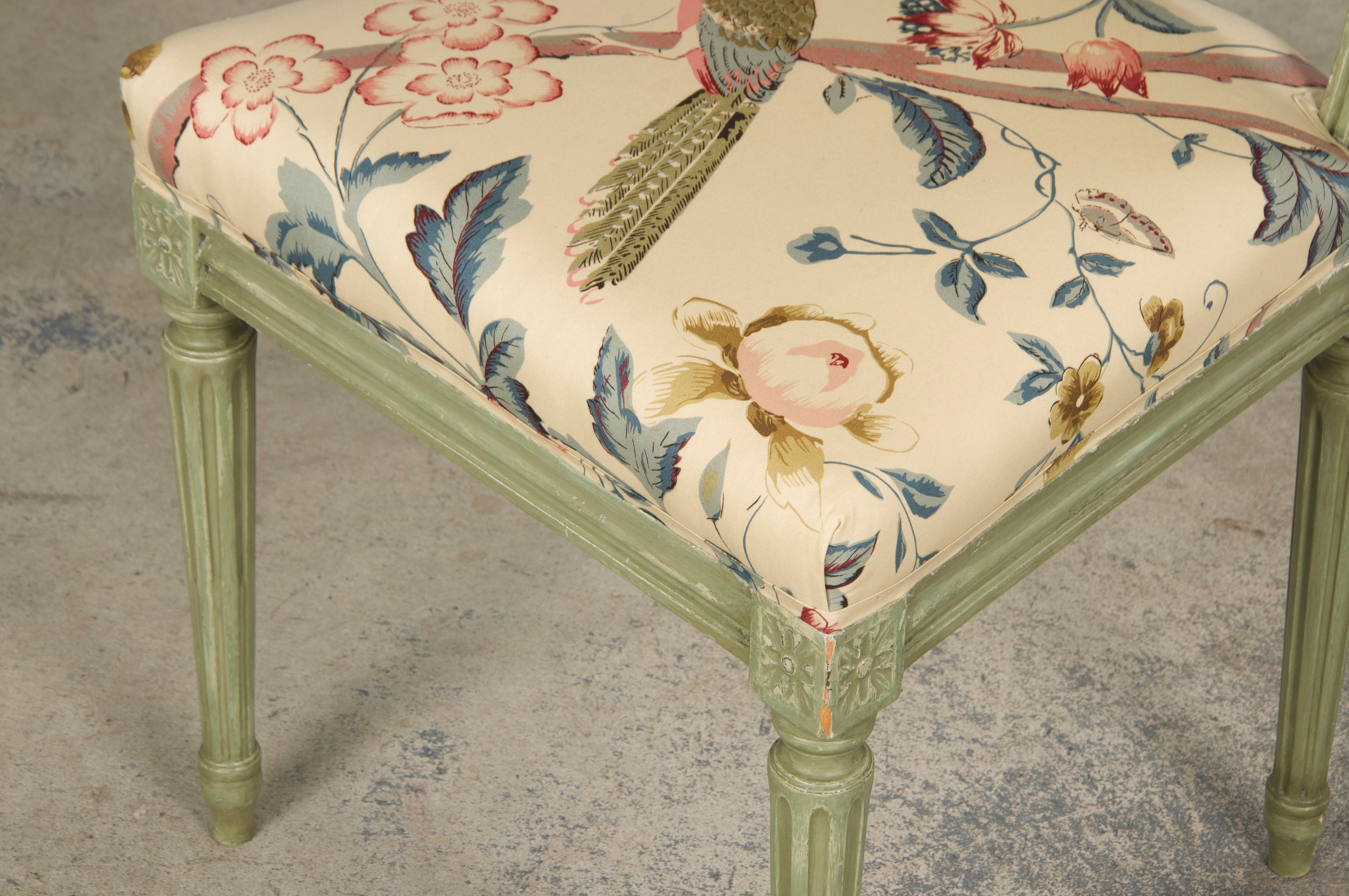 Antique French Louis XVI Style Painted Square Back Side Chairs in Chinoiserie Fabric - A Pair
