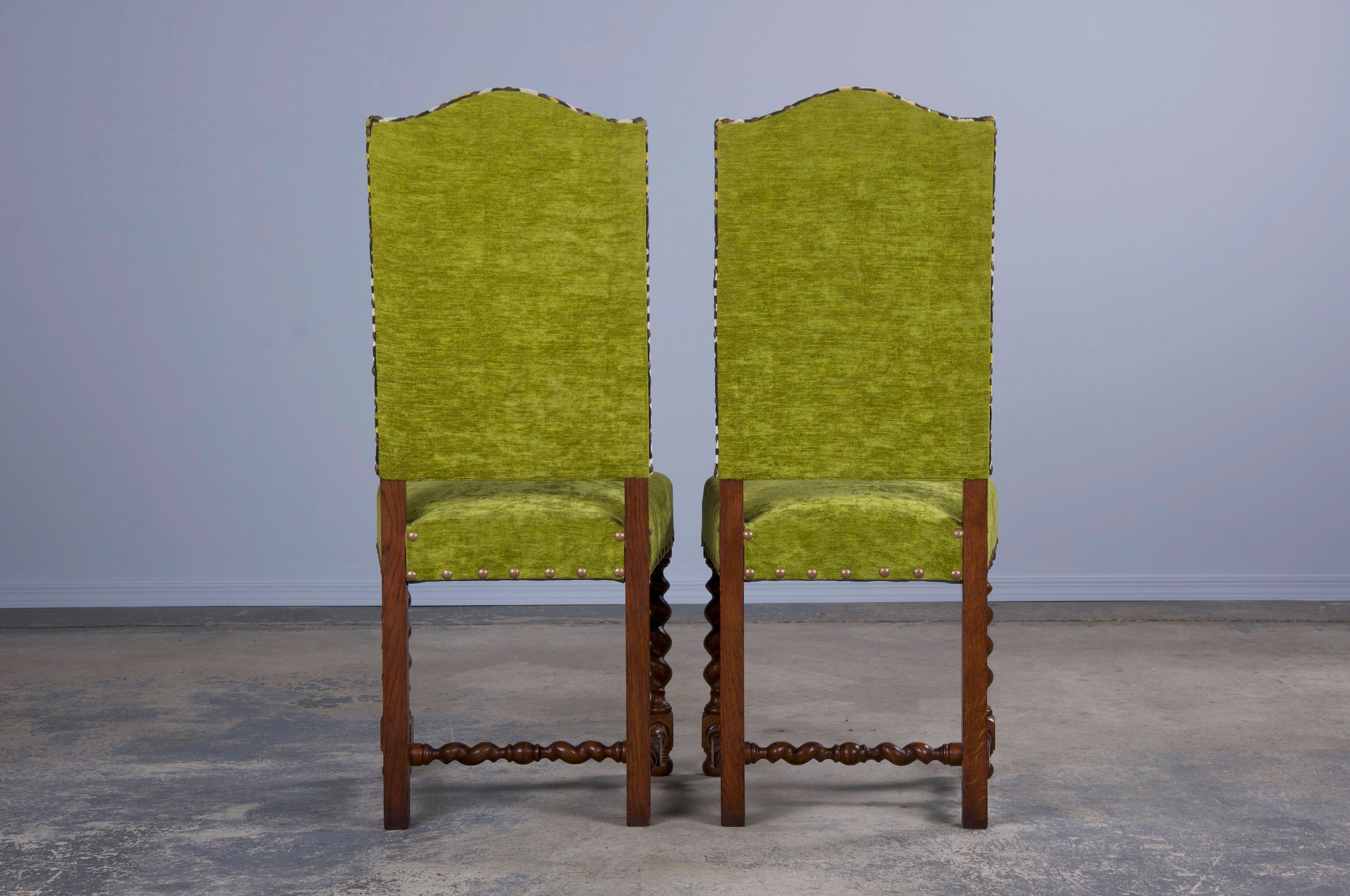 Antique French Louis XIII Style Oak Barley Twist Dining Chairs W/ Green Fabric - Set of 6