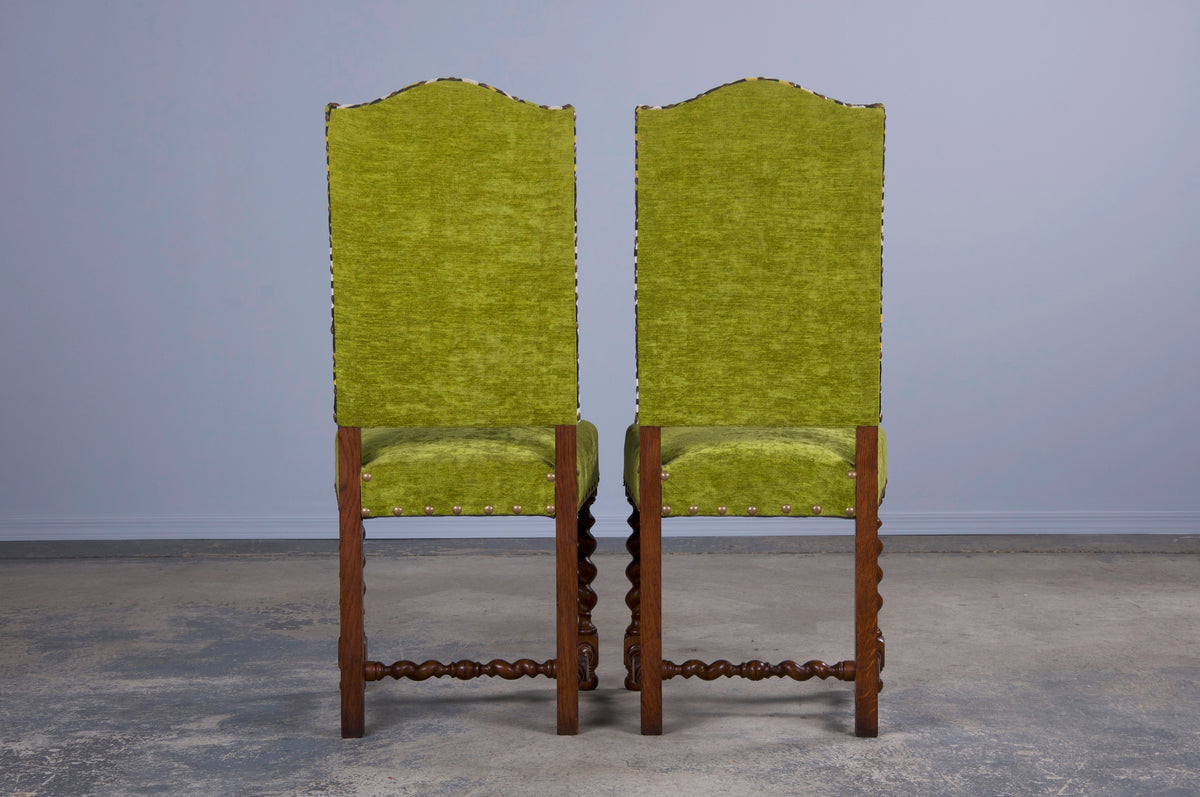 Antique French Louis XIII Style Oak Barley Twist Dining Chairs W/ Green Fabric - Set of 6