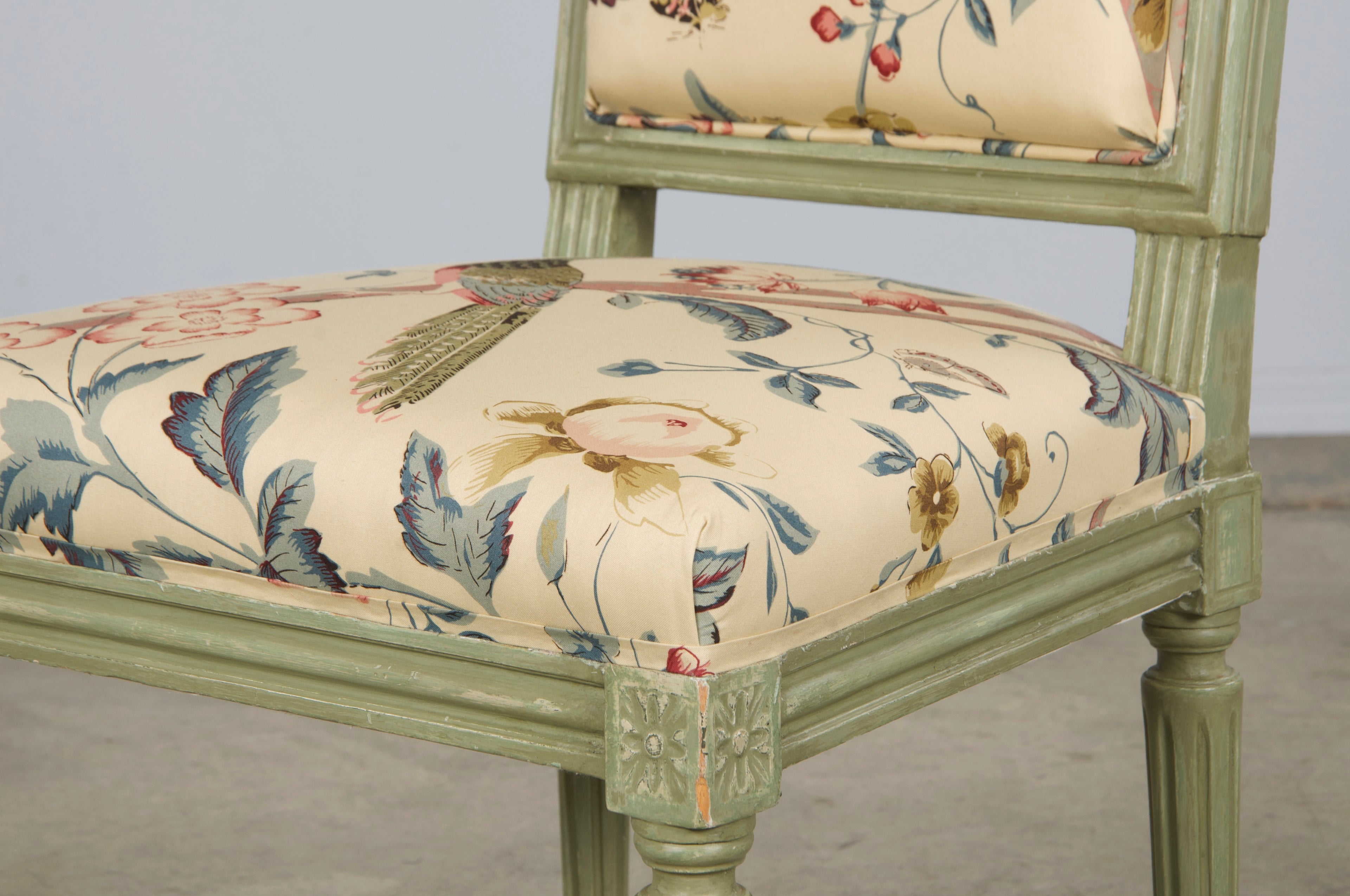 Antique French Louis XVI Style Painted Square Back Side Chairs in Chinoiserie Fabric - A Pair