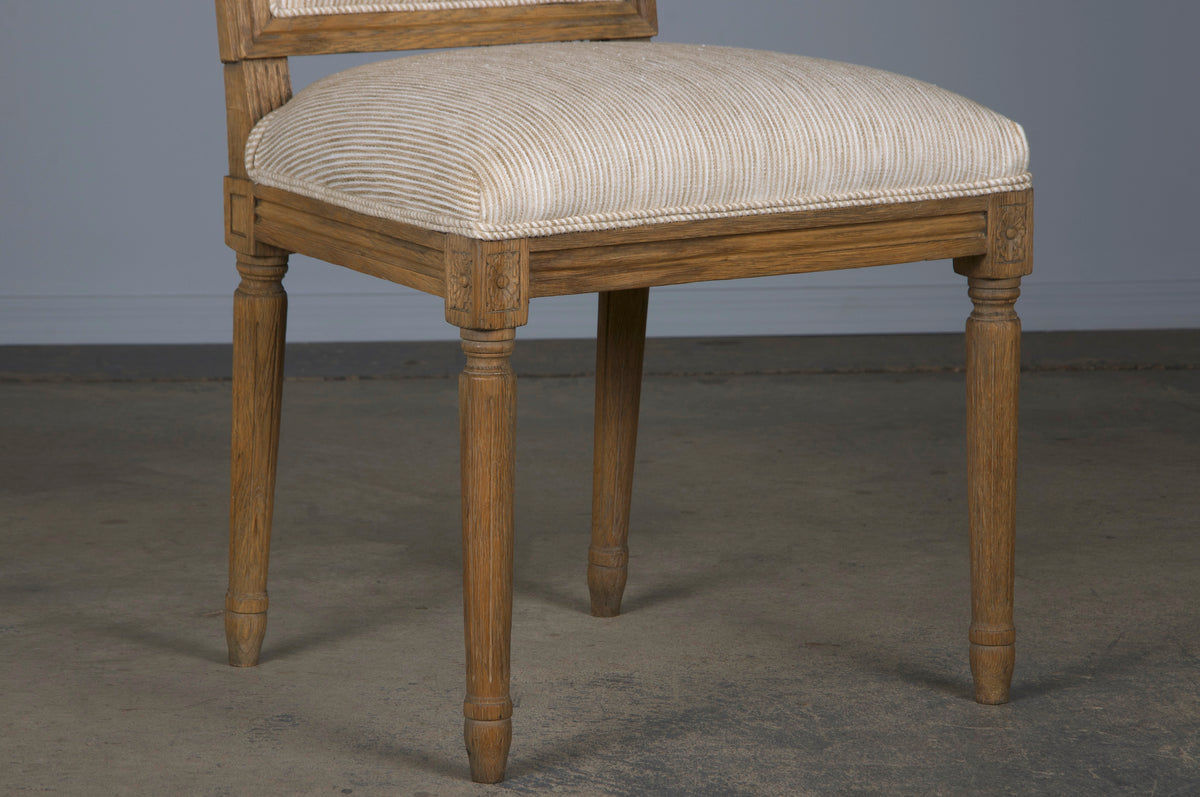 French Louis XVI Style Square Back Oak Dining Chairs W/ Striped White and Beige Chenille - Set of 6