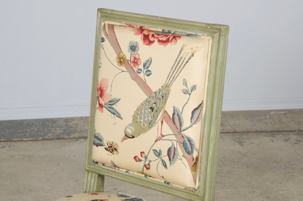 Antique French Louis XVI Style Painted Square Back Side Chairs in Chinoiserie Fabric - A Pair