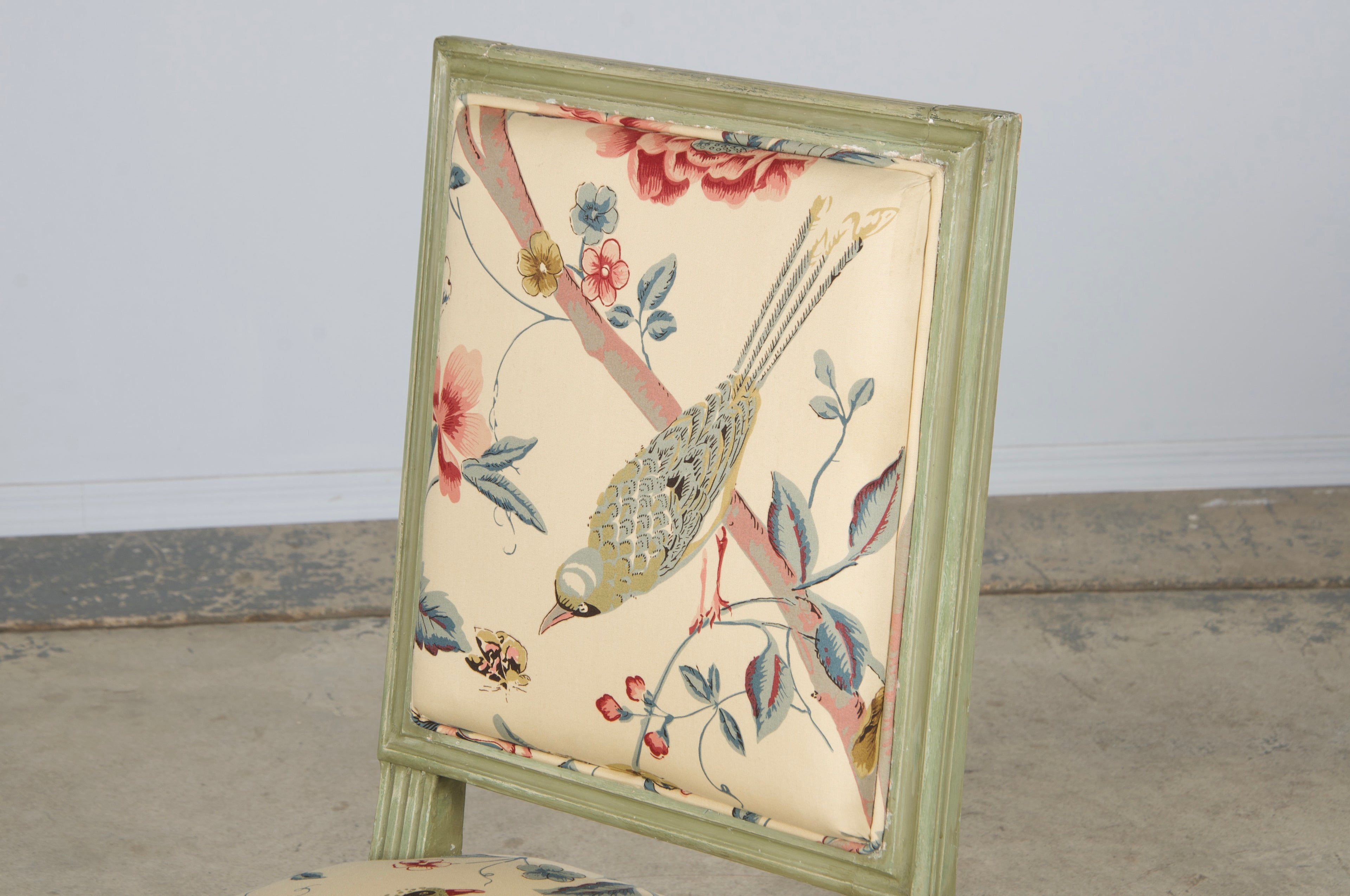 Antique French Louis XVI Style Painted Square Back Side Chairs in Chinoiserie Fabric - A Pair