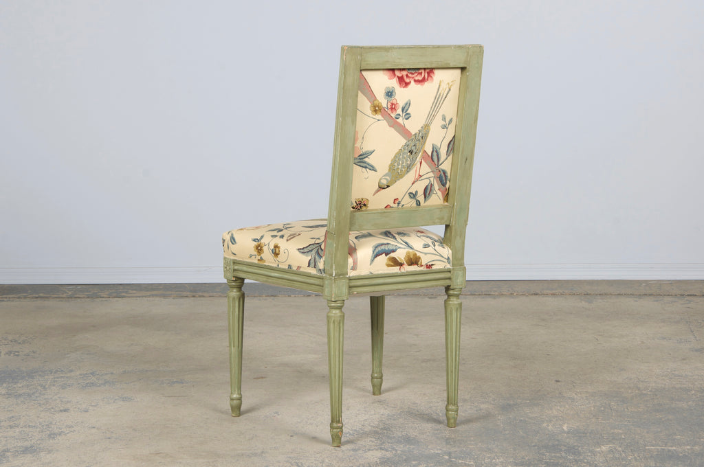 Antique French Louis XVI Style Painted Square Back Side Chairs in Chinoiserie Fabric - A Pair