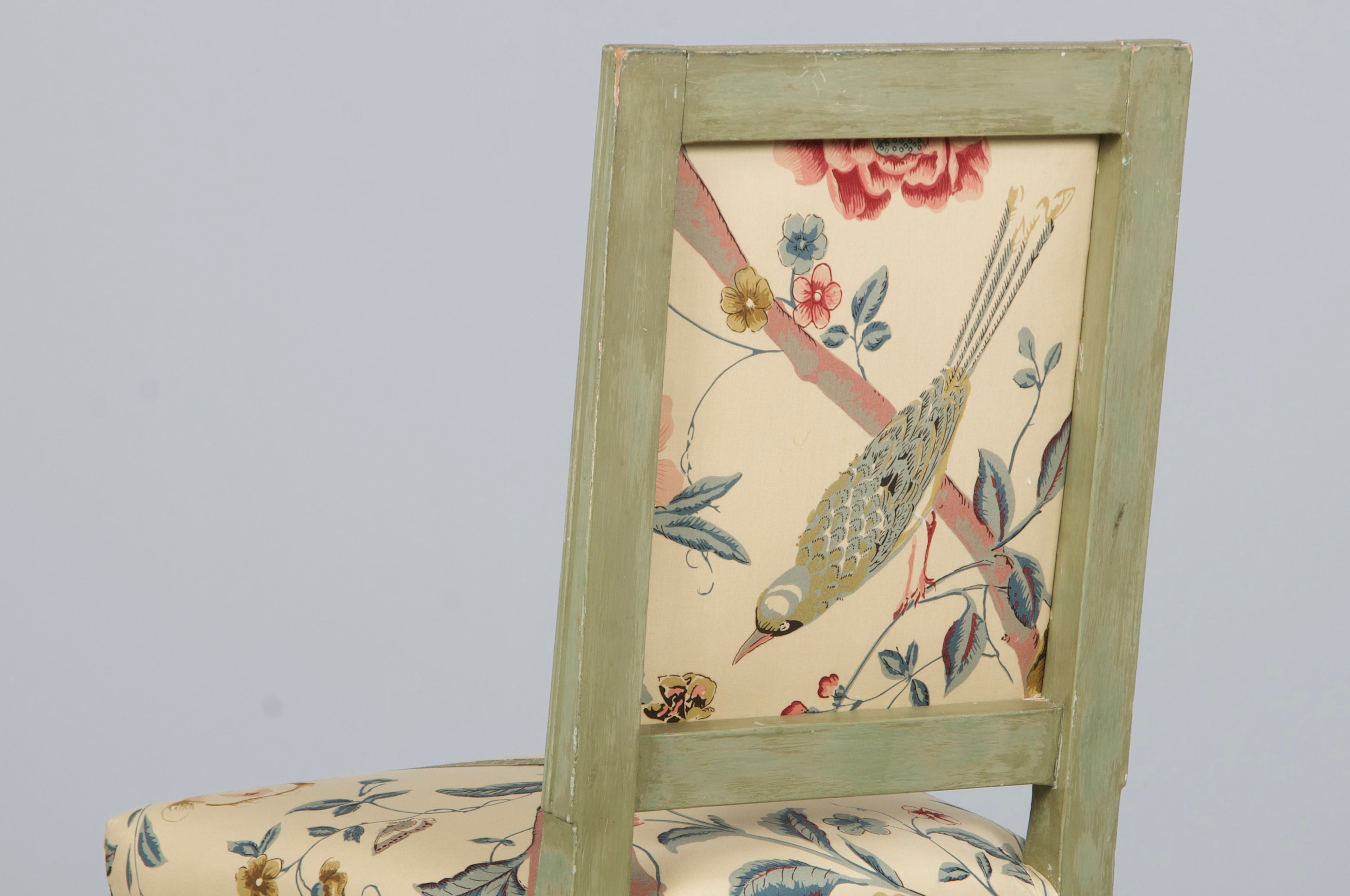 Antique French Louis XVI Style Painted Square Back Side Chairs in Chinoiserie Fabric - A Pair