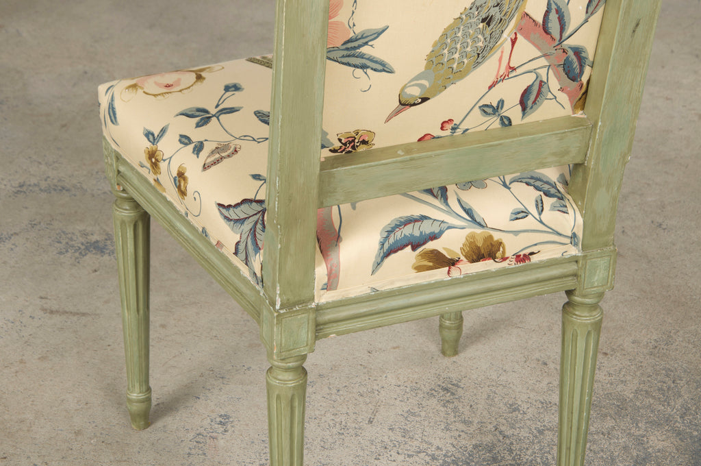 Antique French Louis XVI Style Painted Square Back Side Chairs in Chinoiserie Fabric - A Pair