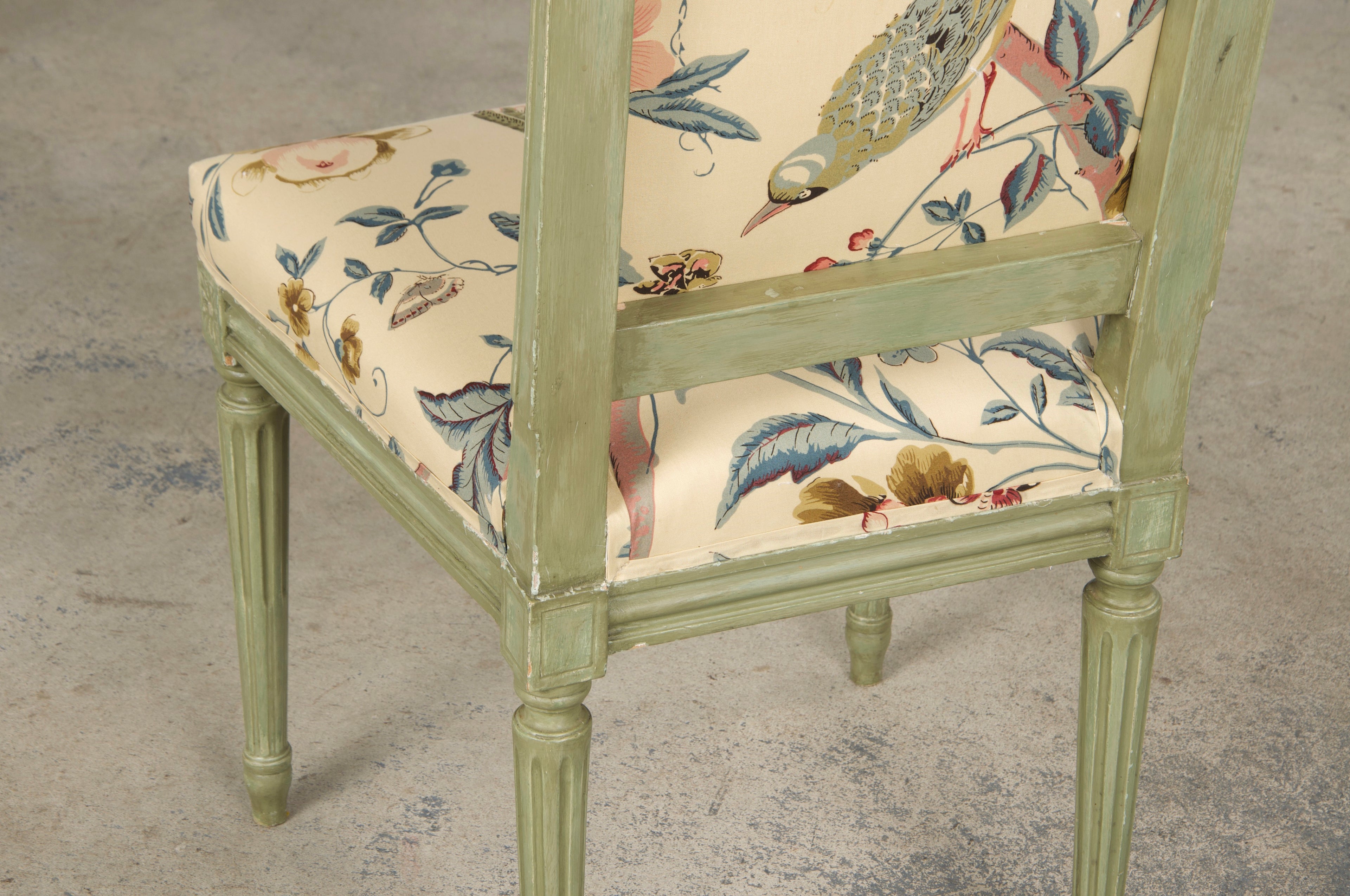 Antique French Louis XVI Style Painted Square Back Side Chairs in Chinoiserie Fabric - A Pair