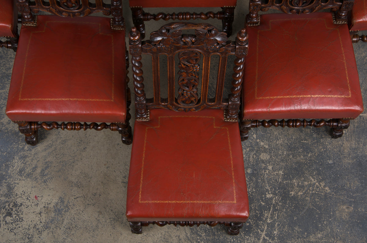 Antique French Renaissance Style Oak Barley Twist Dining Chairs W/ Red Leather - Set of 6