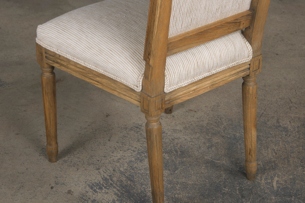 French Louis XVI Style Square Back Oak Dining Chairs W/ Striped White and Beige Chenille - Set of 6