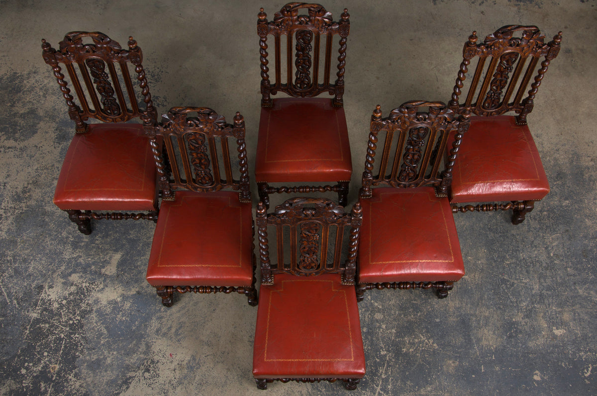 Antique French Renaissance Style Oak Barley Twist Dining Chairs W/ Red Leather - Set of 6