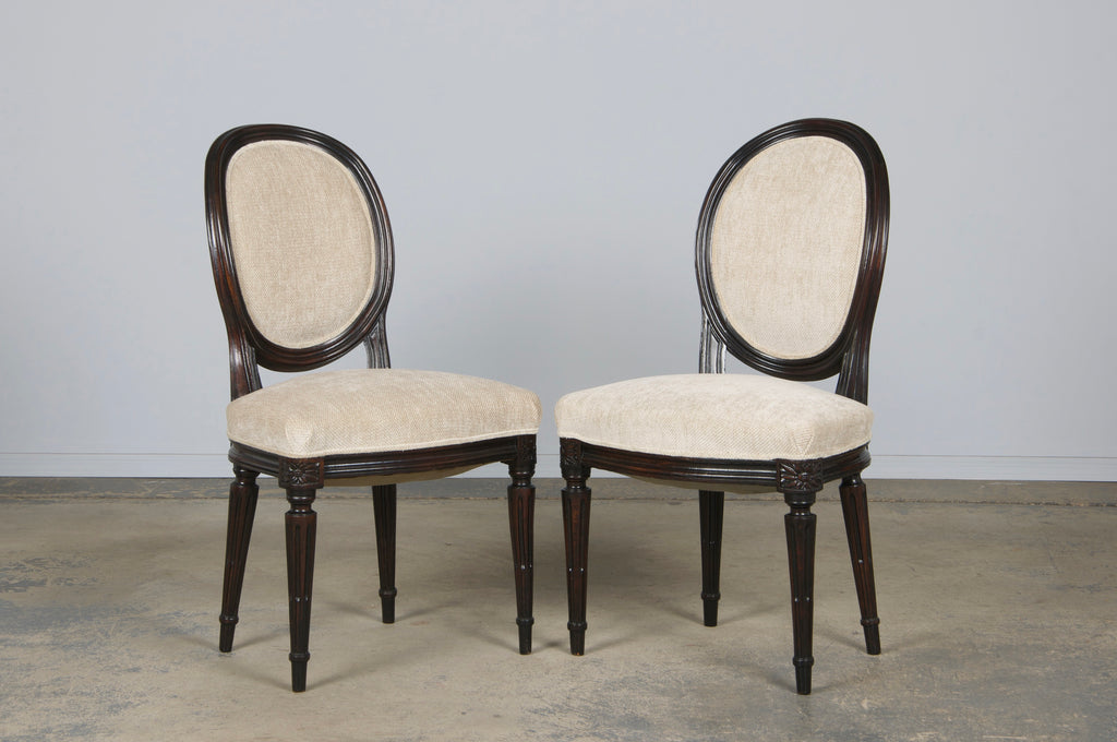 Antique French Louis XVI Style Maple Side Chairs in Beige Chenille - A Pair