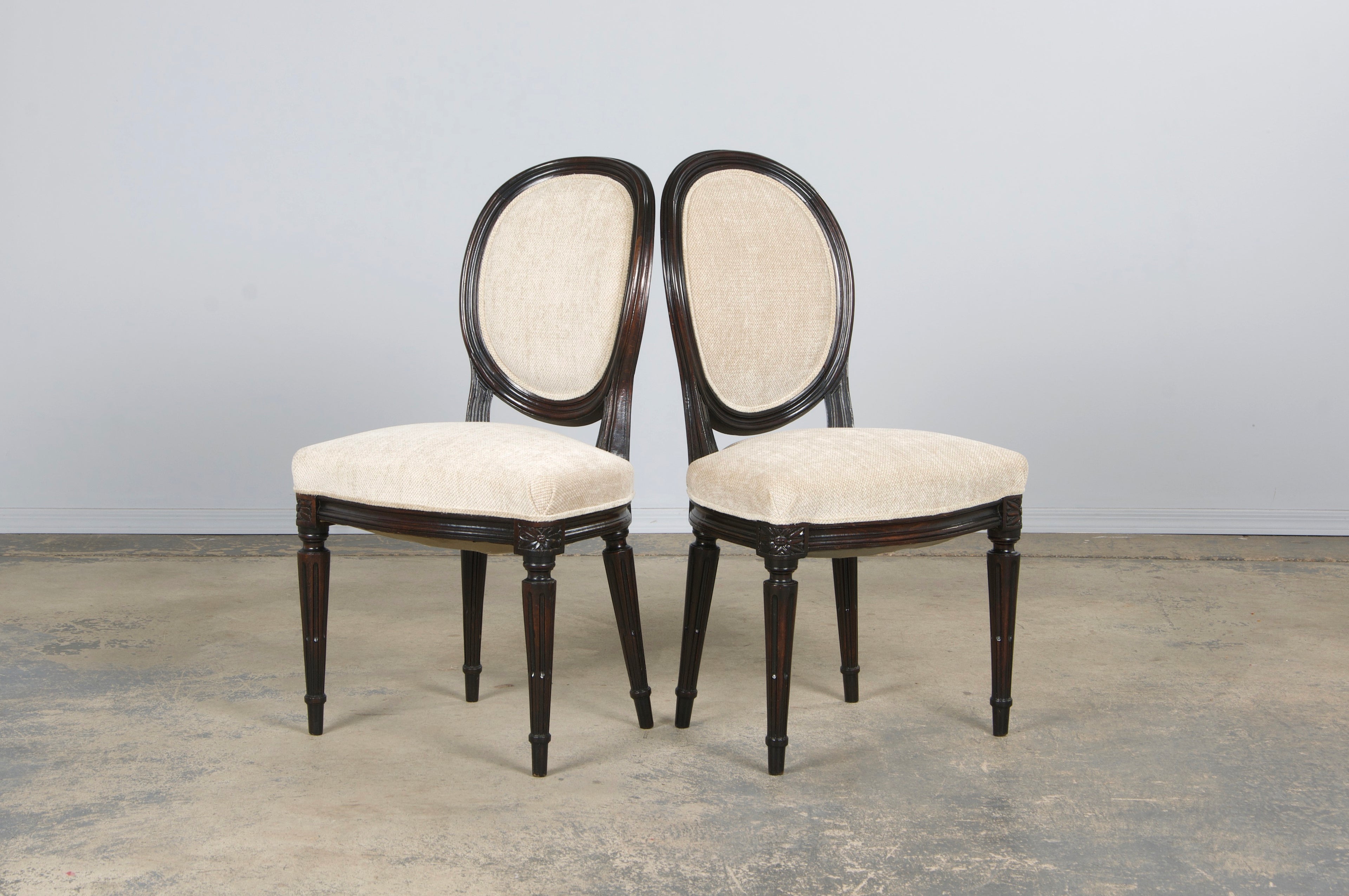 Antique French Louis XVI Style Maple Side Chairs in Beige Chenille - A Pair