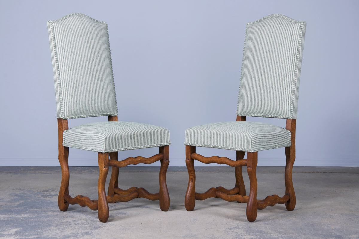Antique French Louis XIII Os De Mouton Style Oak Dining Chairs W/ Striped Mint Chenille - Set of 6