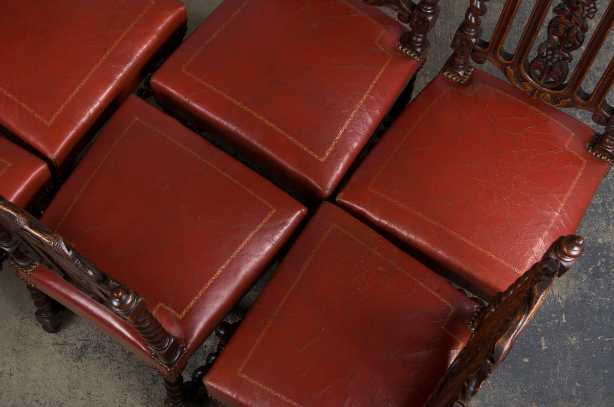 Antique French Renaissance Style Oak Barley Twist Dining Chairs W/ Red Leather - Set of 6