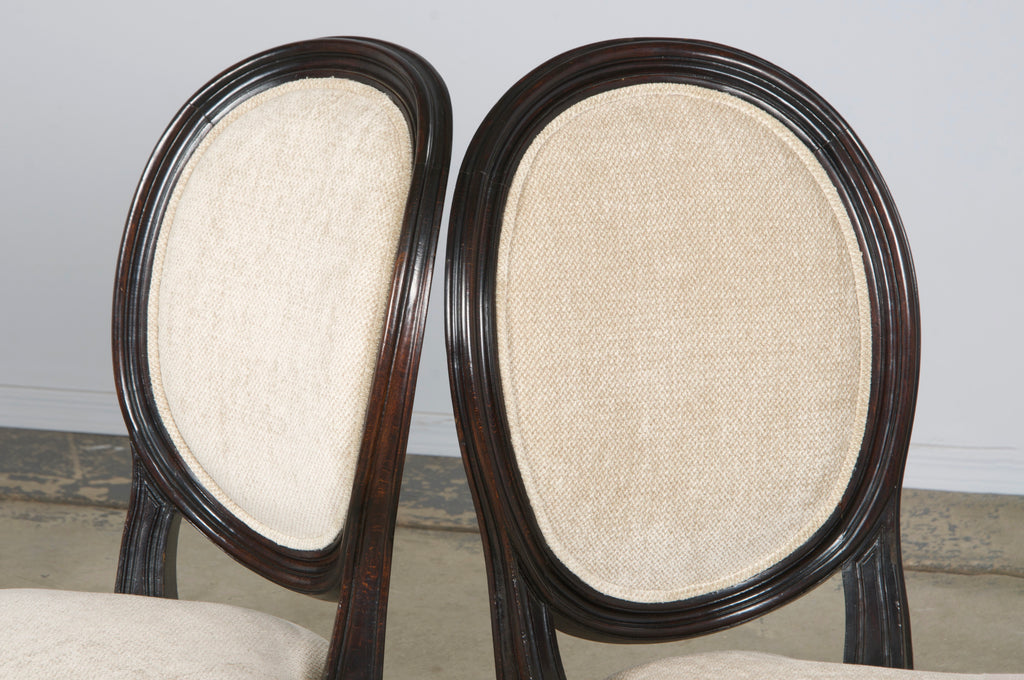 Antique French Louis XVI Style Maple Side Chairs in Beige Chenille - A Pair