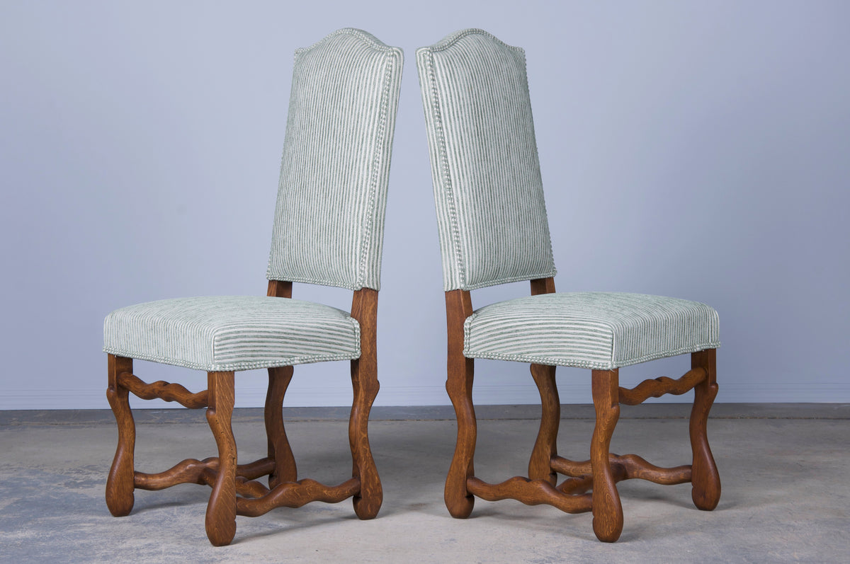 Antique French Louis XIII Os De Mouton Style Oak Dining Chairs W/ Striped Mint Chenille - Set of 6
