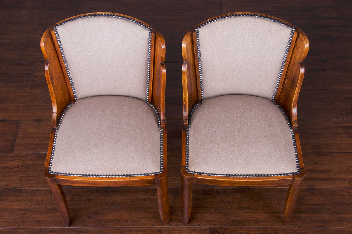 1930s French Art Deco Carved Maple Dining Chairs W/ Gray Fabric - Set of 6