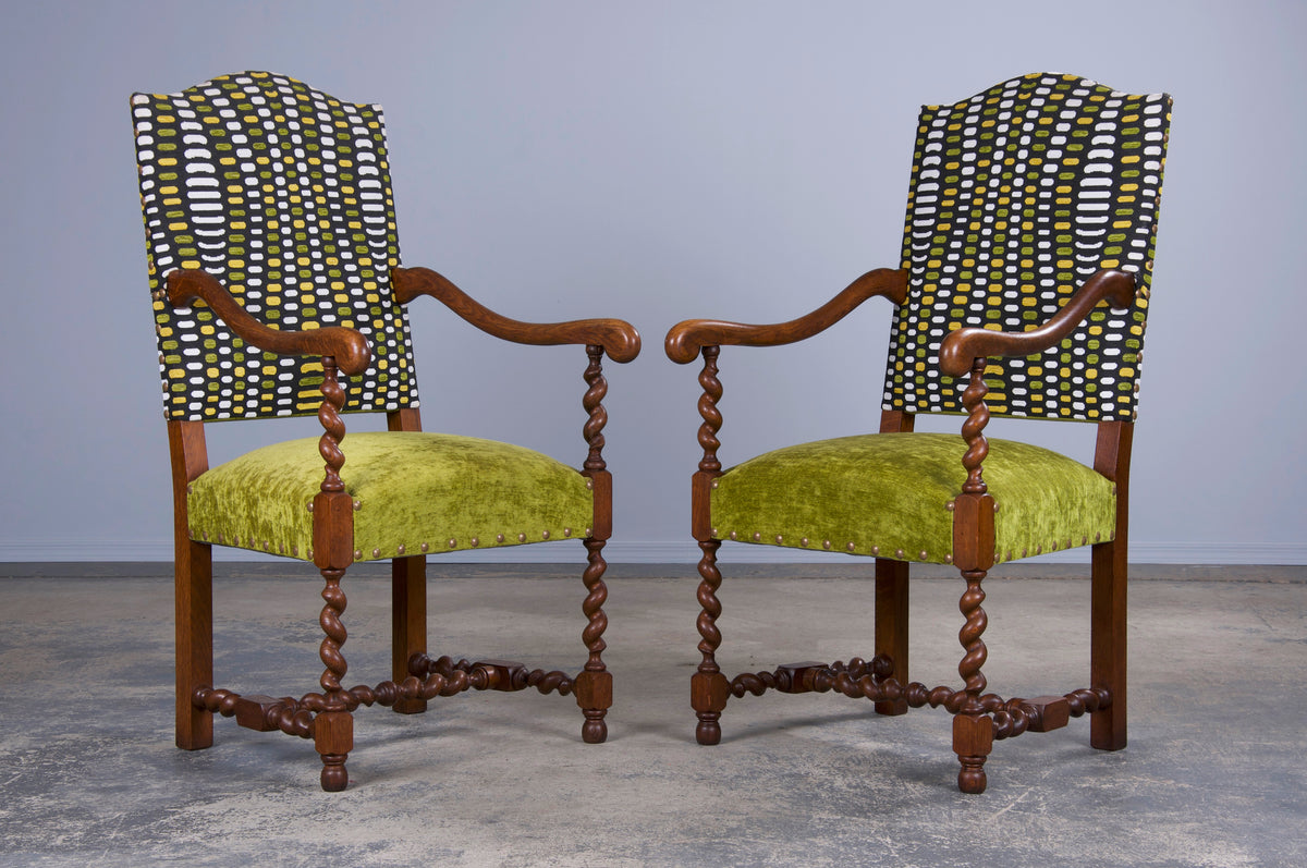 Antique French Louis XIII Style Oak Barley Twist Dining Chairs W/ Green Fabric - Set of 6