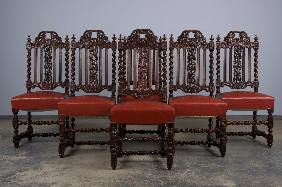 Antique French Renaissance Style Oak Barley Twist Dining Chairs W/ Red Leather - Set of 6