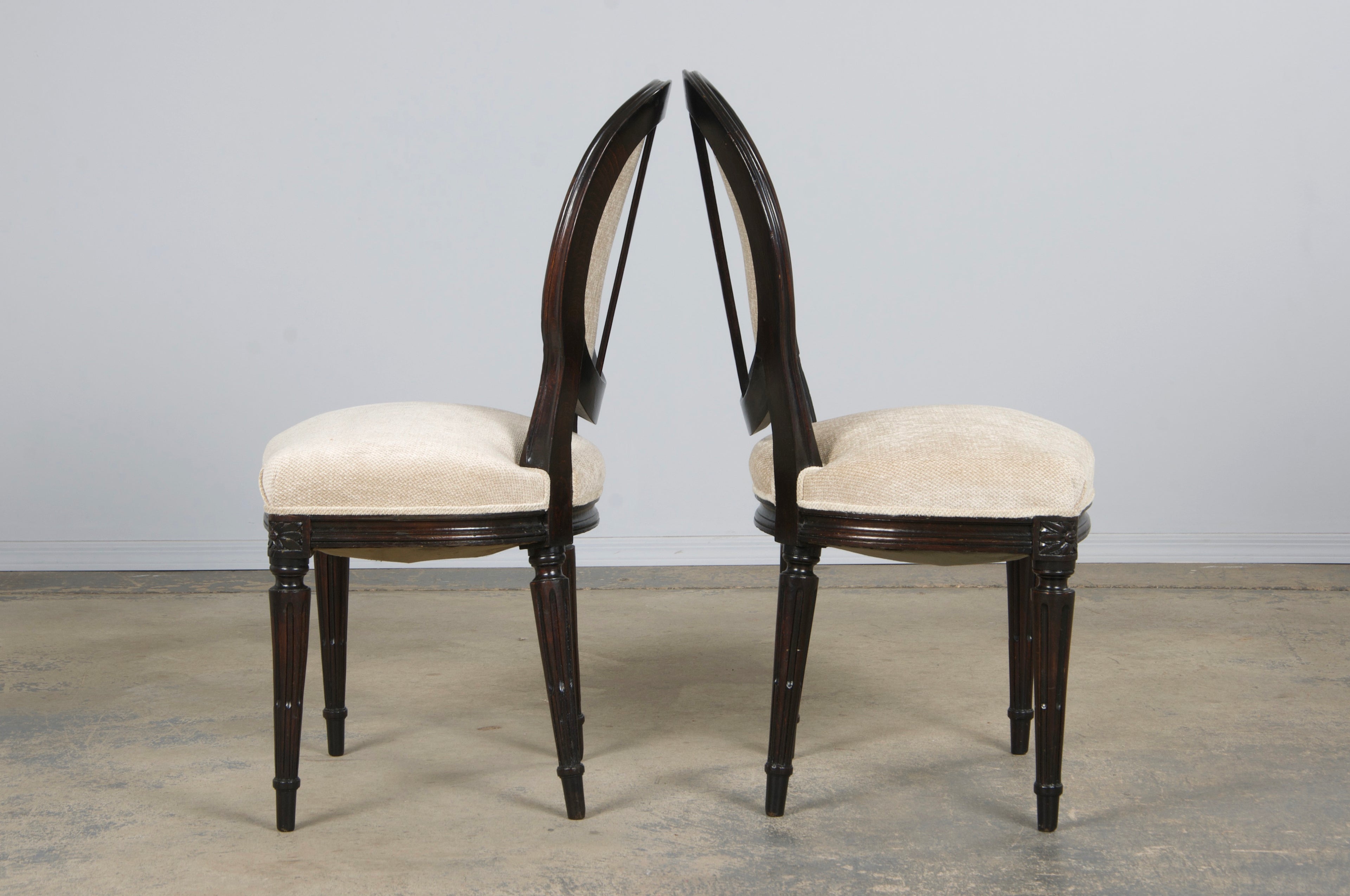 Antique French Louis XVI Style Maple Side Chairs in Beige Chenille - A Pair