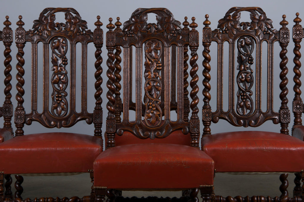 Antique French Renaissance Style Oak Barley Twist Dining Chairs W/ Red Leather - Set of 6