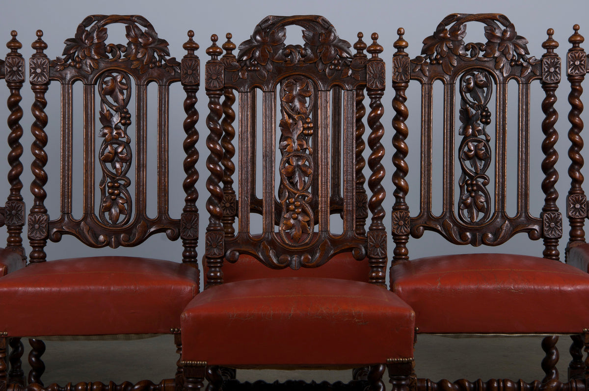 Antique French Renaissance Style Oak Barley Twist Dining Chairs W/ Red Leather - Set of 6