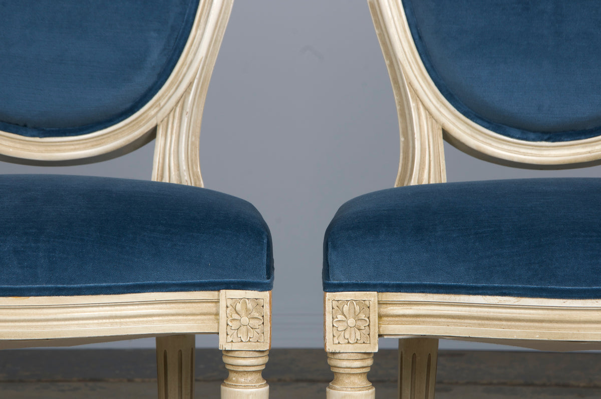 French Louis XVI Style Painted Dining Chairs W/ Dark Blue Velvet - Set of 6