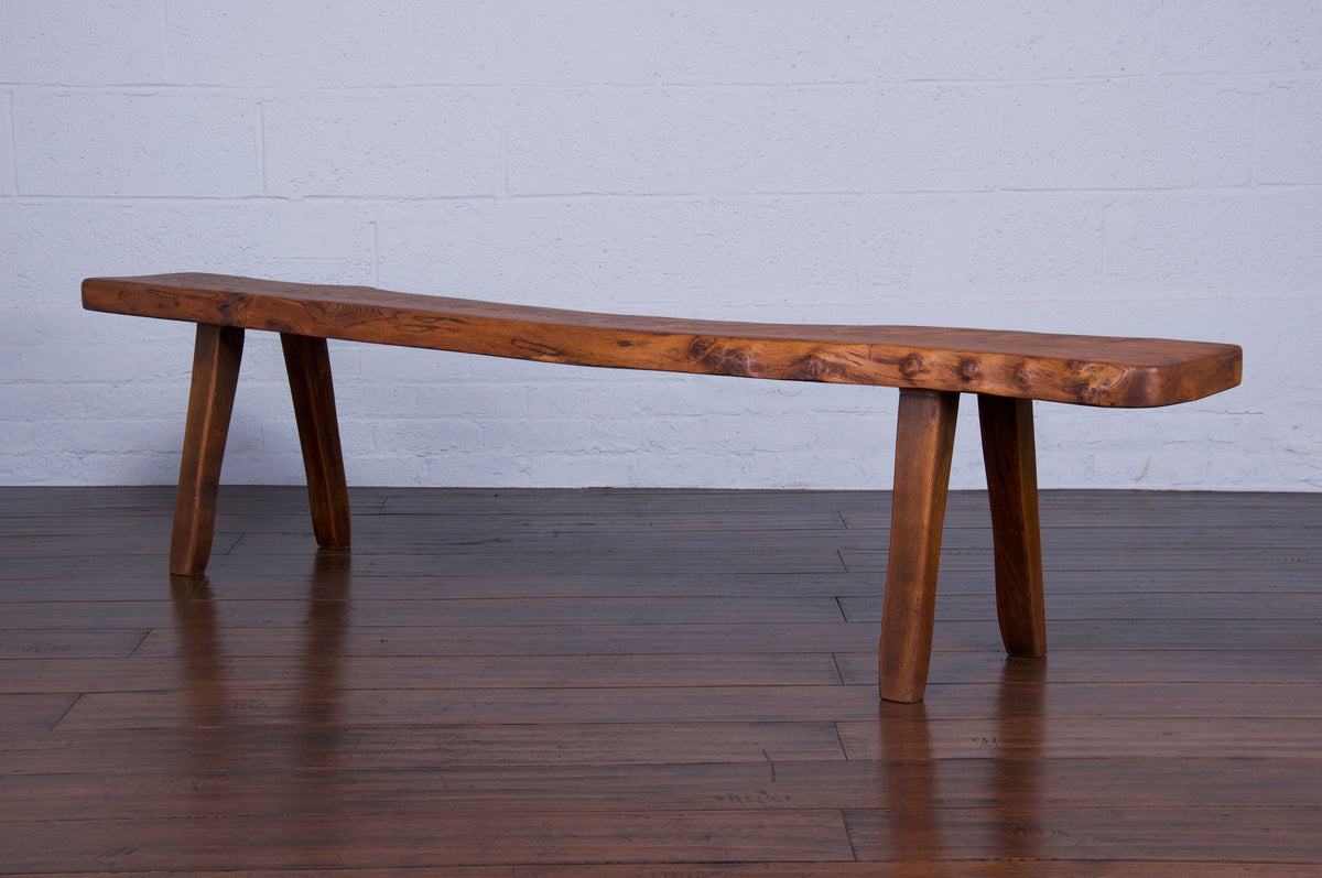 1950s French Brutalist Style Rustic Live Edge Oak Bench