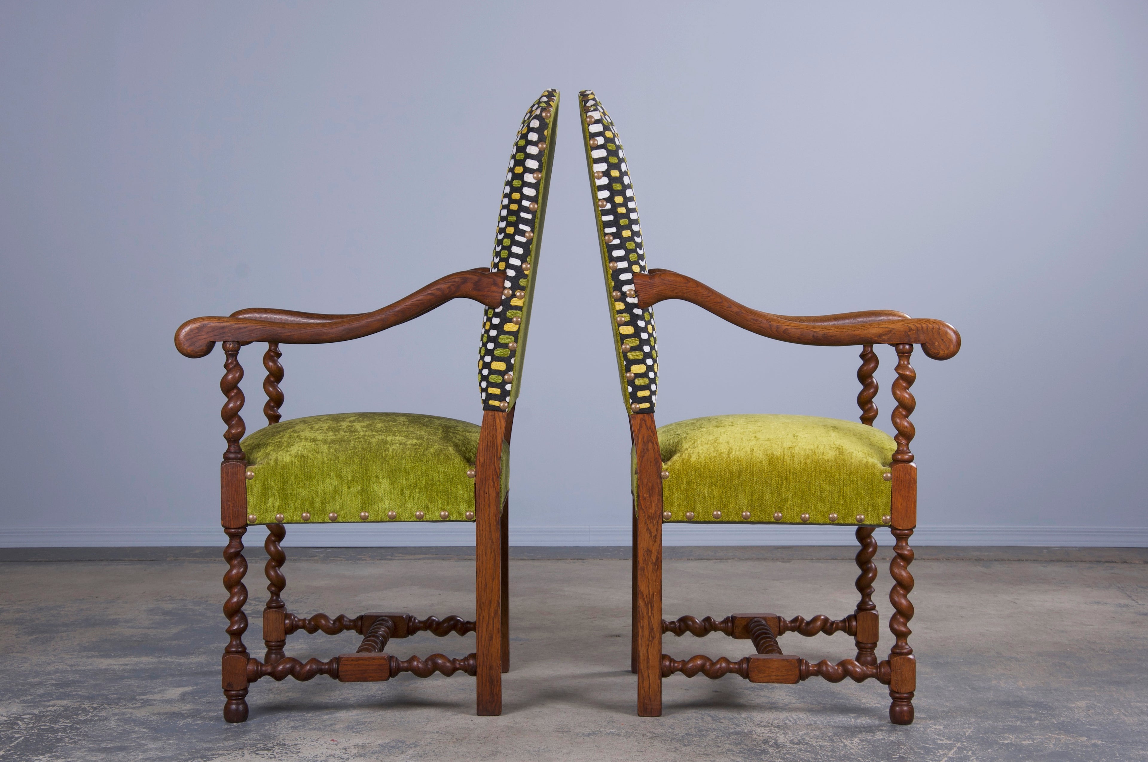 Antique French Louis XIII Style Oak Barley Twist Dining Chairs W/ Green Fabric - Set of 6