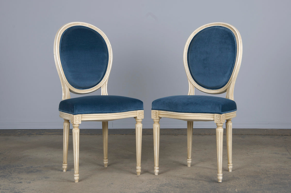 French Louis XVI Style Painted Dining Chairs W/ Dark Blue Velvet - Set of 6