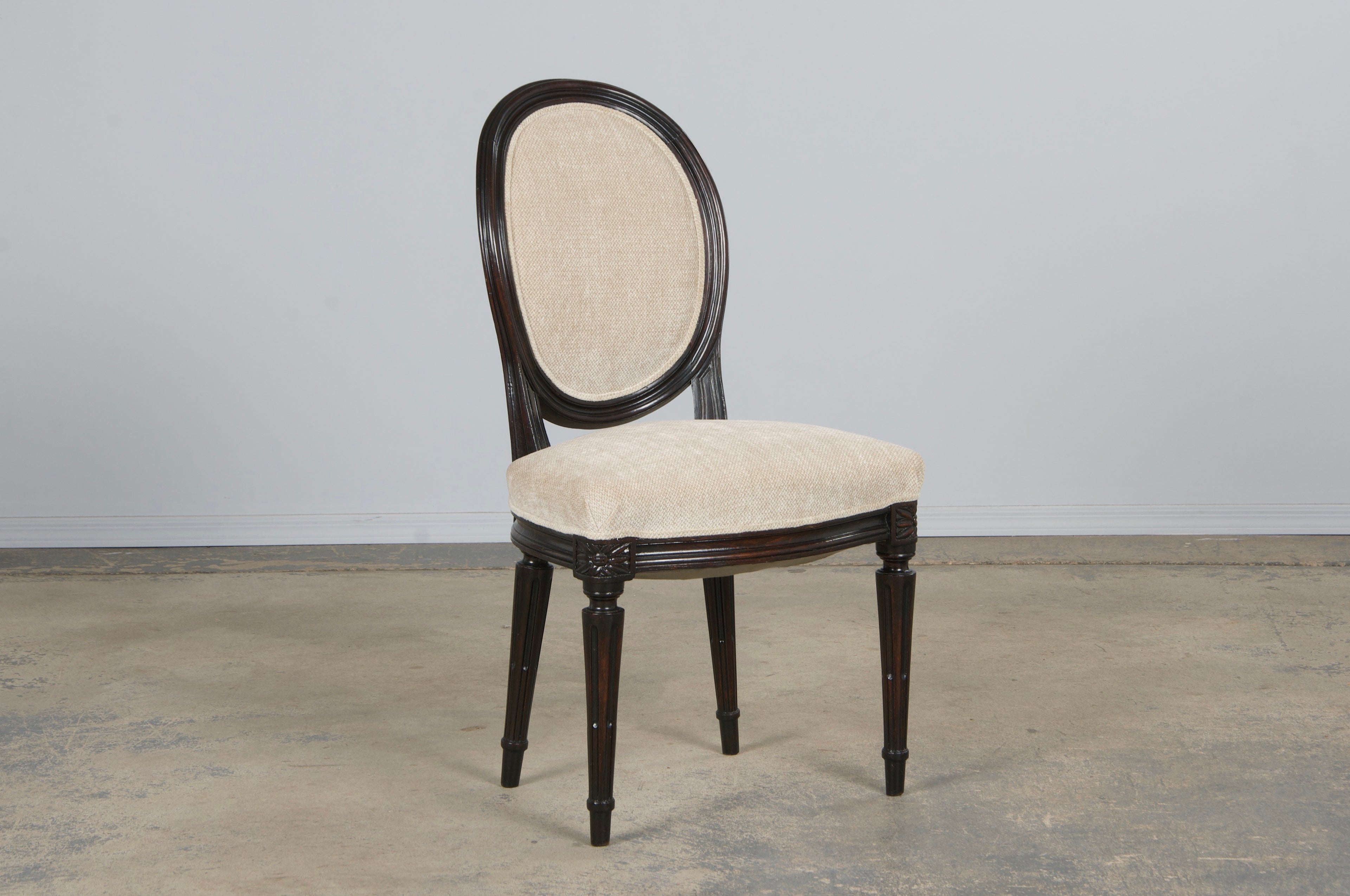 Antique French Louis XVI Style Maple Side Chairs in Beige Chenille - A Pair