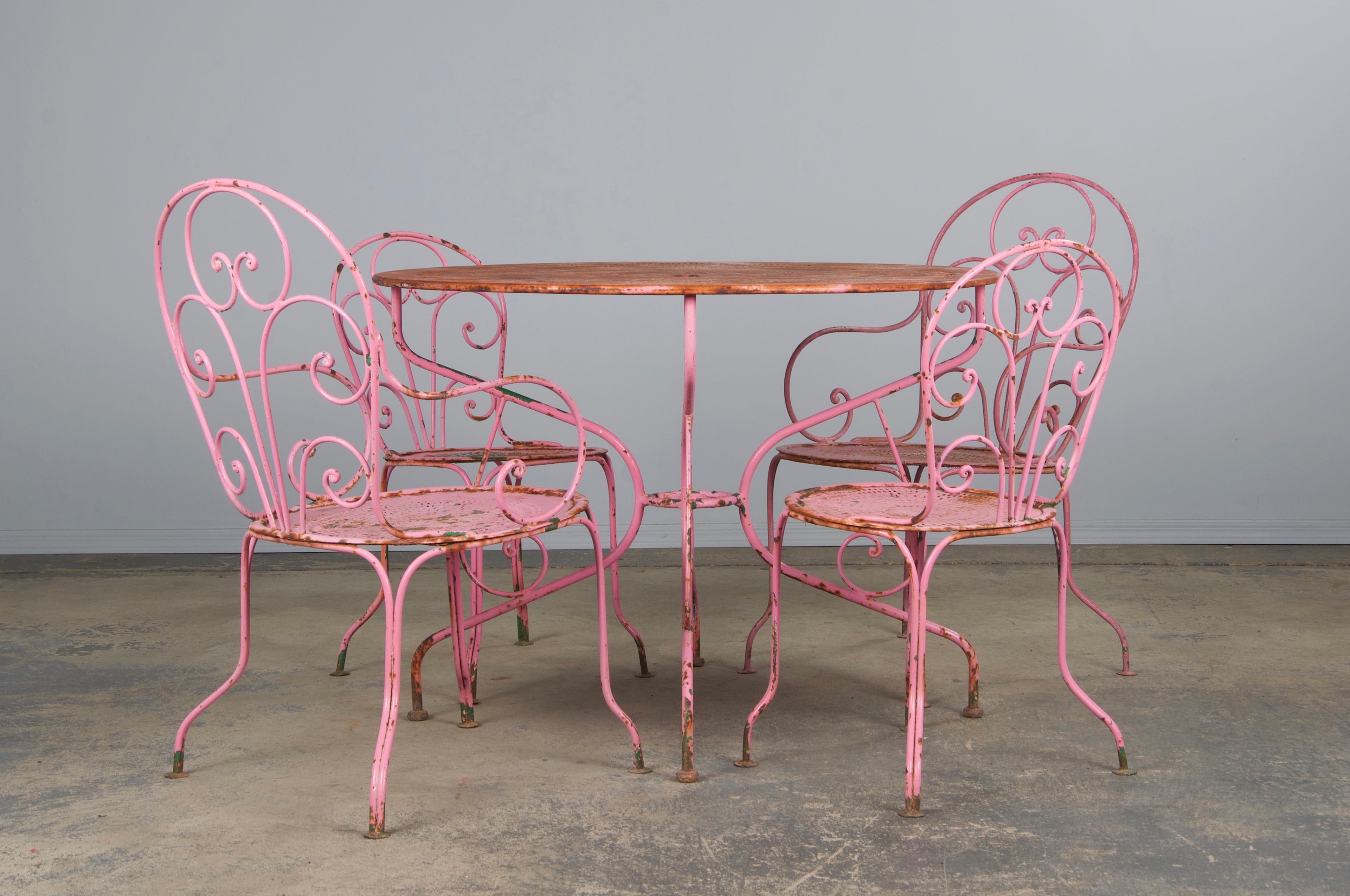 Antique French Art Nouveau Pink Wrought Iron Painted Garden Set