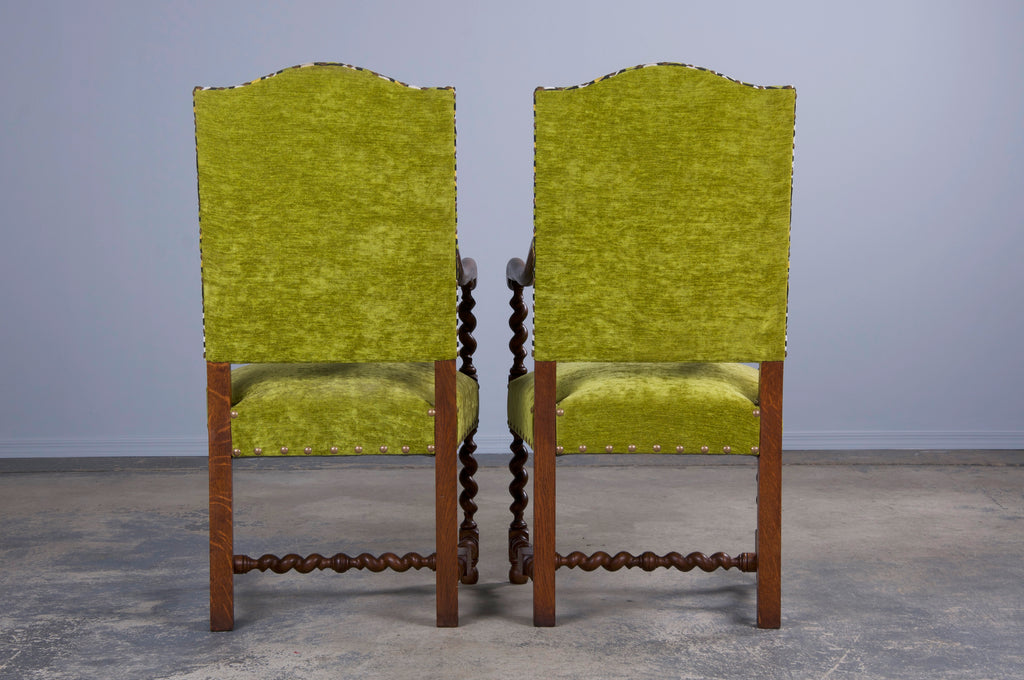 Antique French Louis XIII Style Oak Barley Twist Dining Chairs W/ Green Fabric - Set of 6