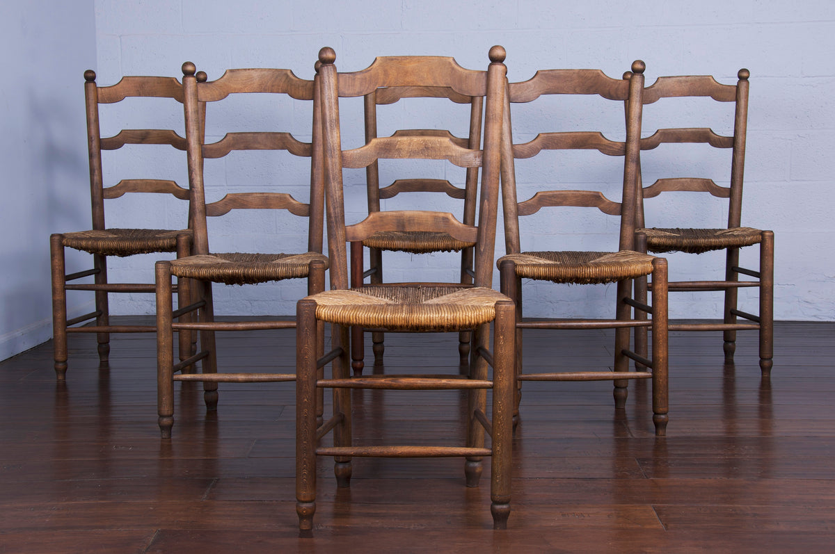 Antique Country French Ladder Back Maple Farmhouse Dining Chairs W/ Rush Seats - Set of 6
