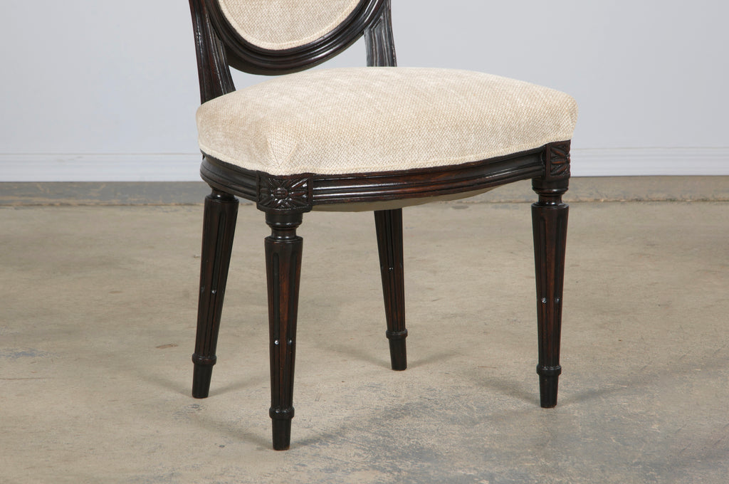 Antique French Louis XVI Style Maple Side Chairs in Beige Chenille - A Pair