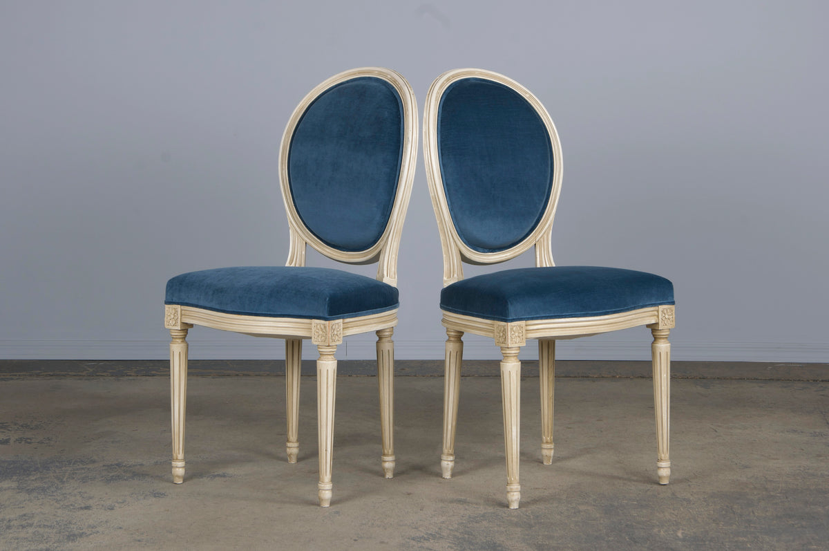 French Louis XVI Style Painted Dining Chairs W/ Dark Blue Velvet - Set of 6