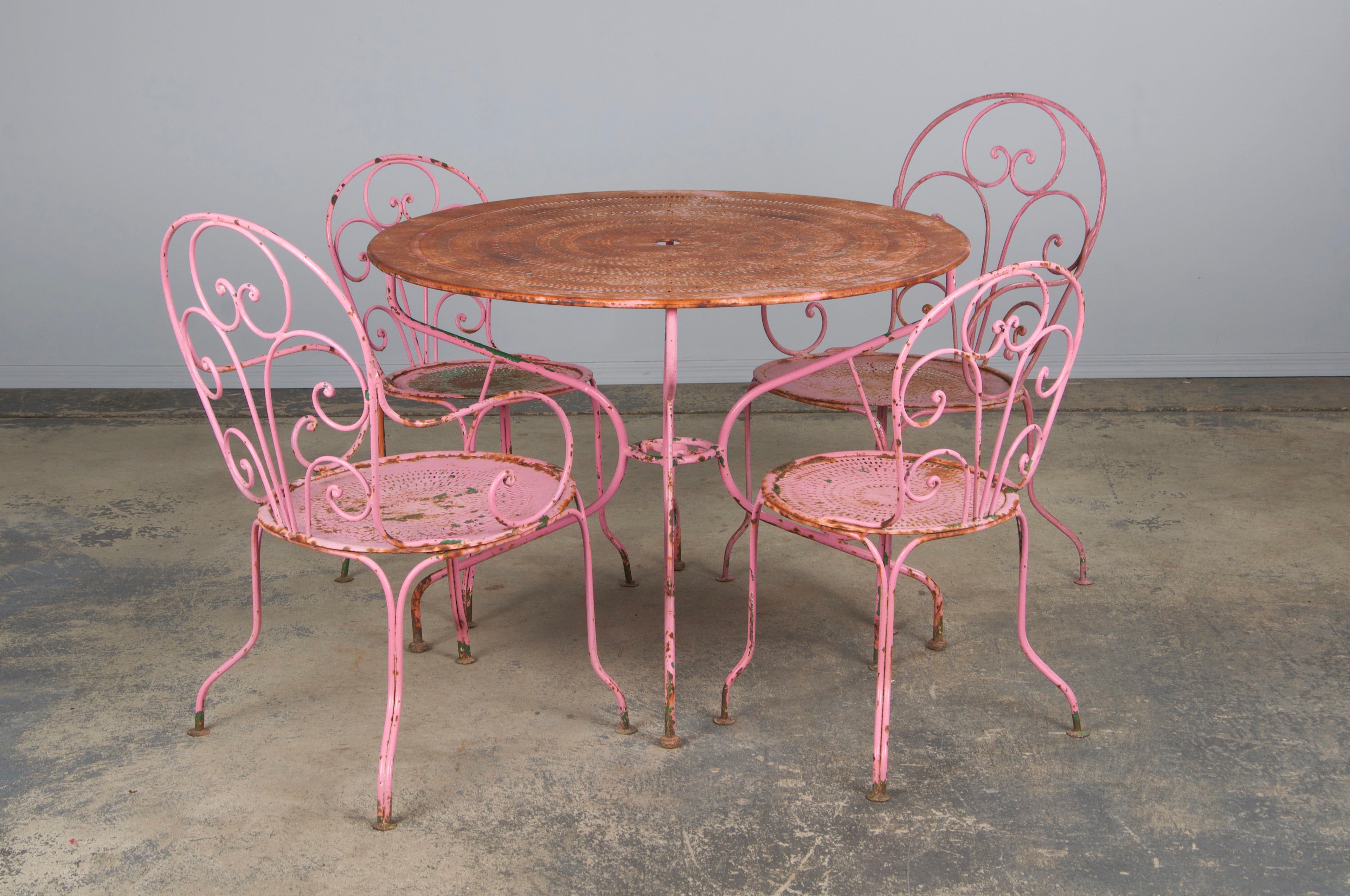 Antique French Art Nouveau Pink Wrought Iron Painted Garden Set
