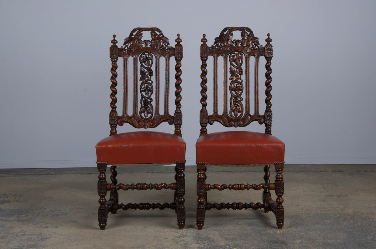 Antique French Renaissance Style Oak Barley Twist Dining Chairs W/ Red Leather - Set of 6