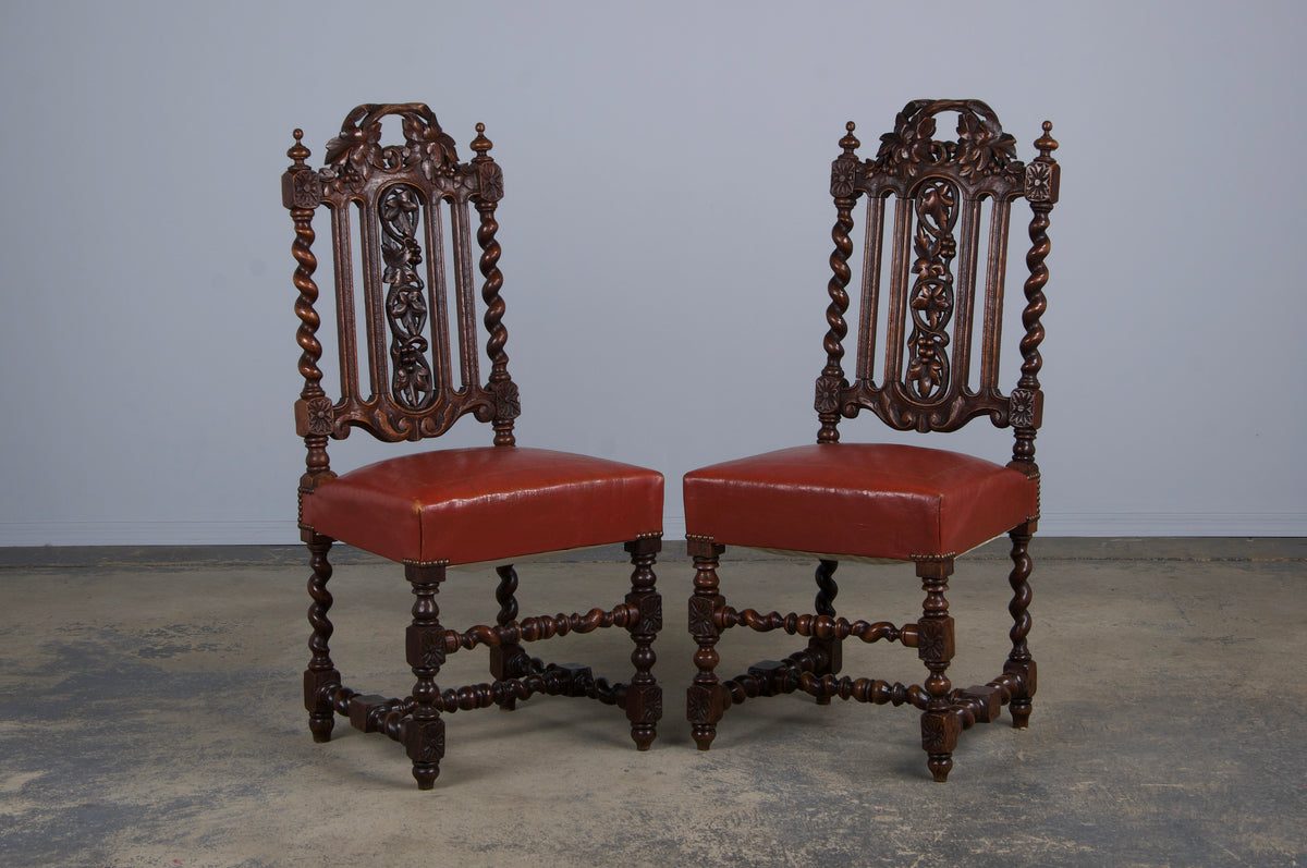 Antique French Renaissance Style Oak Barley Twist Dining Chairs W/ Red Leather - Set of 6