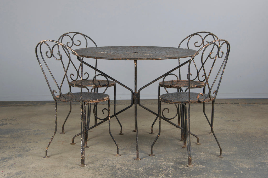 Antique French Art Nouveau Black Wrought Iron Painted Garden Set